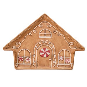Transpac Dolomite 10.25 in. Brown Christmas Gingerbread House Plate - 1 of 4