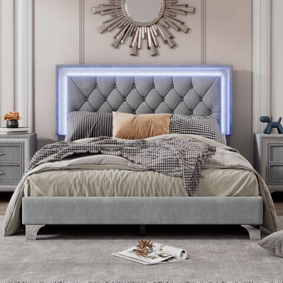 NicBex Twin/Full/Queen Upholstered Bed Frame with Velvet Tufted Headboard,Wood Platform Bed Frame with LED Lights,No Box Spring Needed,Easy Assembly