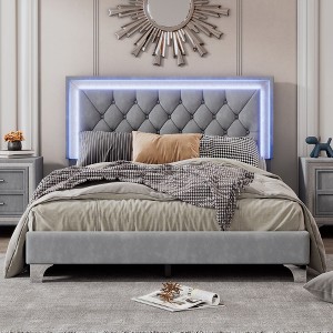 NicBex Twin/Full/Queen Upholstered Bed Frame with Velvet Tufted Headboard,Wood Platform Bed Frame with LED Lights,No Box Spring Needed,Easy Assembly - 1 of 4