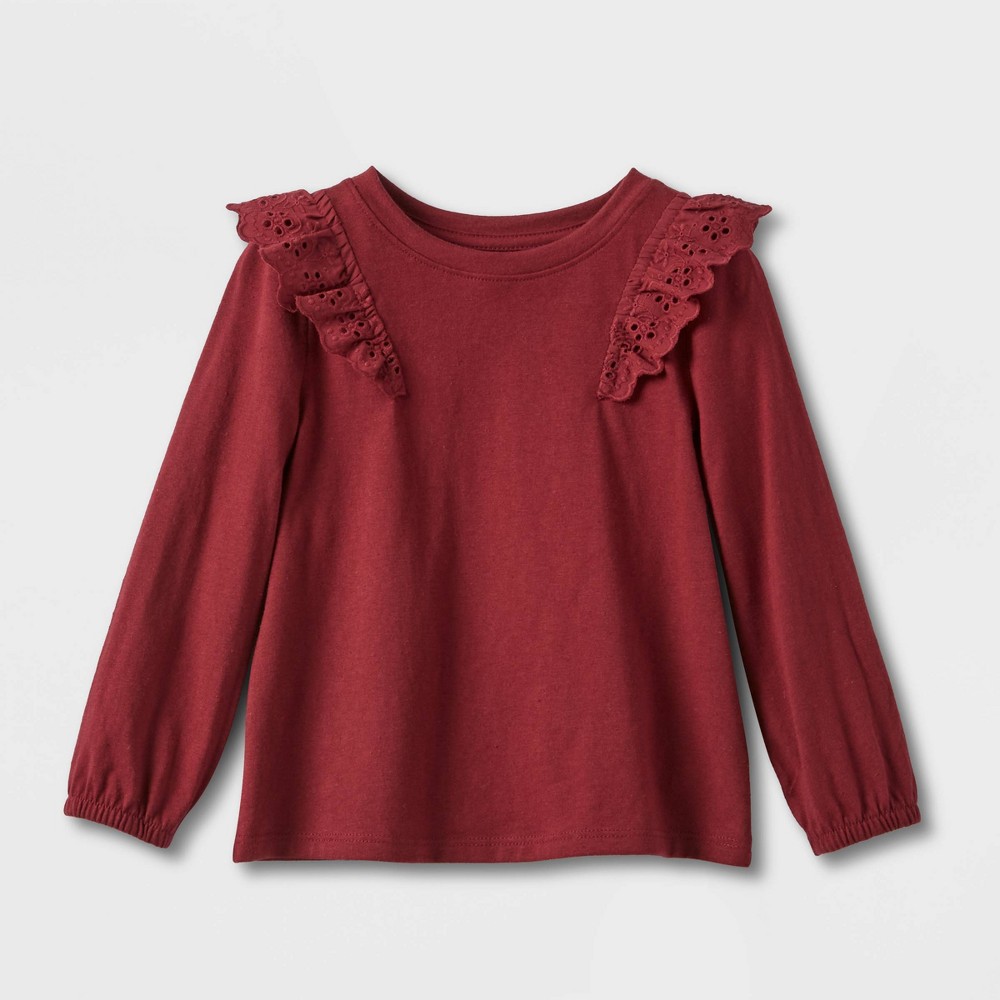 Toddler Girls' Knit Long Sleeve Eyelet Top - Cat & Jack Maroon 12M, Red