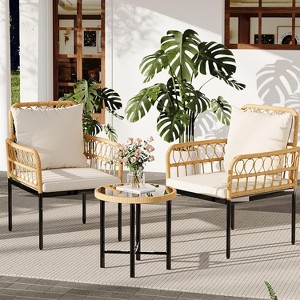 Acekool 3-Piece Wicker Patio Bistro Set with Glass Top Side Table and Cushioned Rattan Chairs for Outdoor Balcony, Porch, Backyard – Beige - 1 of 4