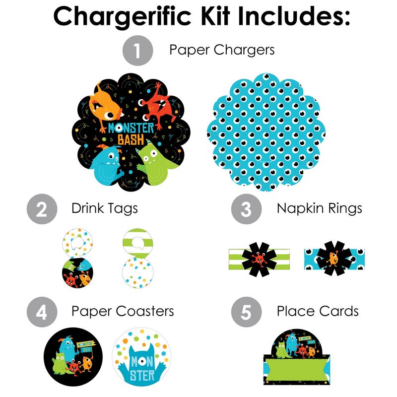 Big Dot of Happiness Monster Bash - Birthday Party or Baby Shower Paper Charger and Table Decorations - Chargerific Kit - Place Setting for 8, 3 of 9