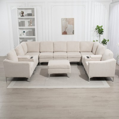 Aortzio 132.48“W Corduroy Sofa U Shaped Couch Modular Sectional Sofa Storage Couch Livingroom Couch Sofa With Movable Storage Ottoman
