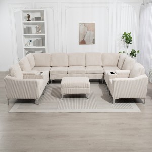 Aortzio 132.48"W Corduroy Sofa U Shaped Couch Modular Sectional Sofa Storage Couch Livingroom Couch Sofa With Movable Storage Ottoman - 1 of 4