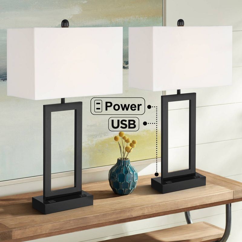 360 Lighting Todd 30" Tall Large Rectangular Modern End Table Lamps Set of 2 USB Port AC Power Outlet Black Metal Living Room Charging White Shade, 2 of 10