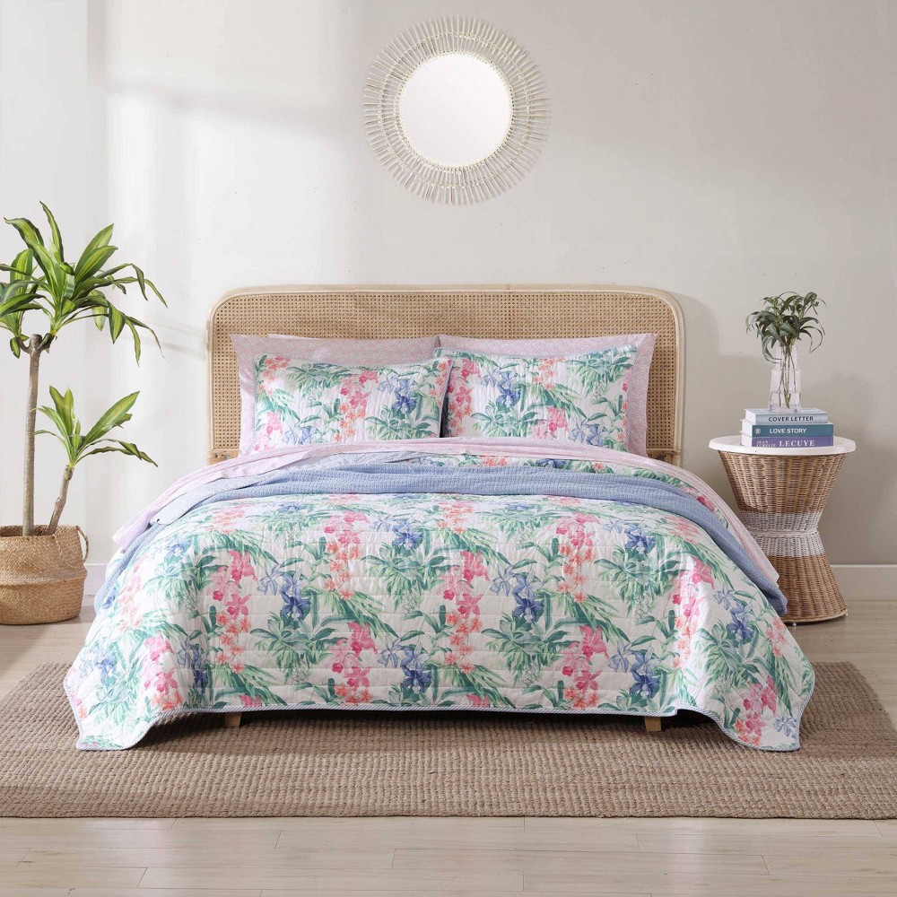 Photos - Bed Linen Tommy Bahama Full/Queen Island Orchid Quilt Set - : Includes 2 Shams, Midweight Fabric, Botanical Pattern 