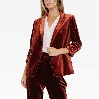 Womens Velvet Suit Blazer 3/4 Sleeve Lapel Neck Open Front Velvet Blazer with Flap Pockets Holiday Outfits Tailored Jacket for Work