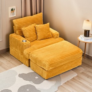 39" Corduroy Spring Upholstered Armchair with Ottoman and Cup Holder - 1 of 4