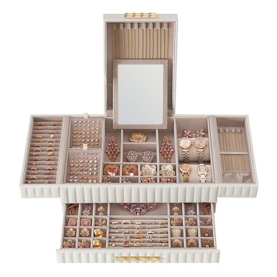ANAH Large Capacity Jewelry Box with Mirror, Jewelry Organizer PU Surface with Stitching, Cloud White