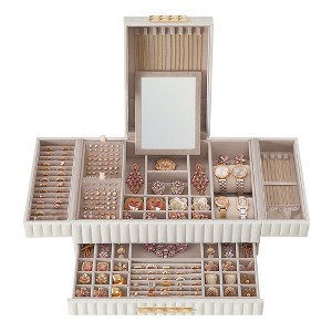 ANAH Large Capacity Jewelry Box with Mirror, Jewelry Organizer PU Surface with Stitching, Cloud White - 1 of 4