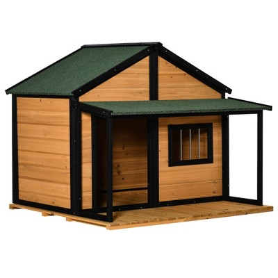 PawHut Outdoor Dog House Cabin Style, Wooden Raised Pet Kennel with Asphalt Roof, Front Door, Side Window, Porch for Medium/Large Dogs, Loading 53 Lbs