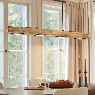 Rennnsan Teralin 31"-47" W 6-8 -Light Wood LED Mid-Century Linear Kitchen Island Pendant in Black