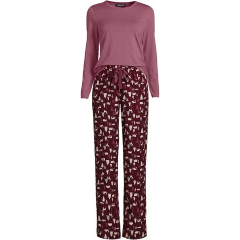 Lands' End Women's Pajama Set Knit Long Sleeve T-shirt And Flannel Pants -  X Large - Rich Burgundy Woodland Scene : Target