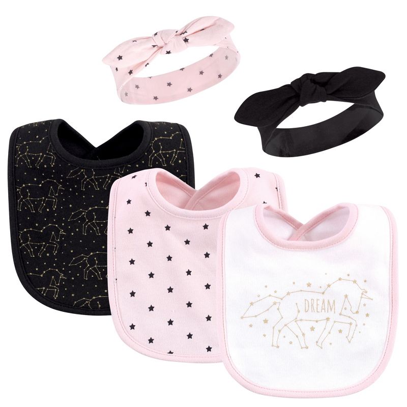 Hudson Baby Infant Girl Cotton Bib and Headband Set 5pk, Dream Unicorn, One Size, 1 of 9