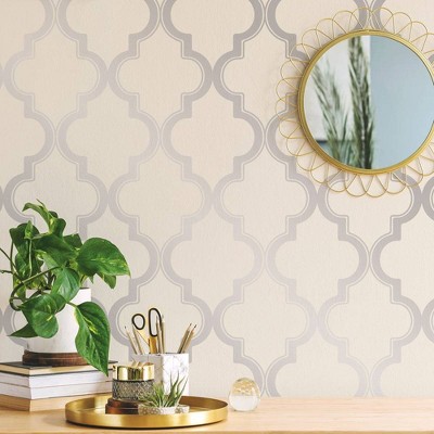 Cream and Metallic Silver Vinyl Peel and Stick Wallpaper Roll