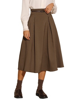 INSPIRE CHIC Women's Vintage Checked High Waist Belted A-Line Plaid Skirt