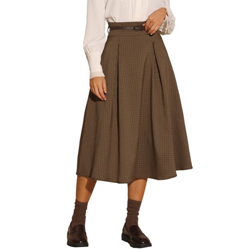 Checkered High Waist A-line Skirt - Brown