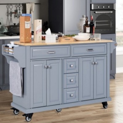 Wood Top Kitchen Island Cart with Wheels, 4 Doors & 5 Drawers, Rolling Storage Cabinet for Kitchen or Dining – The Pop Home