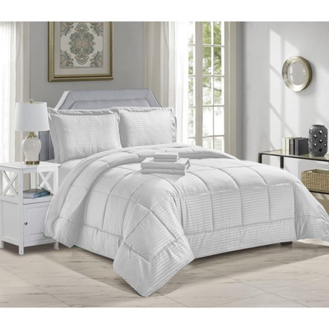 Manhattan Lights 8 Piece Bed In A Bag Hotel Collection Alternative Comforter Set Embossed Comforter Sheet Bed Skirt Sham Set Queen Size - White