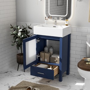 KWPZQEB 20" Bathroom Vanity with Ceramic Sink, Wooden Vanity Cabinet with Drawer & Door, Farmhouse Free Standing Cabinet for Small Bathroom - 1 of 4