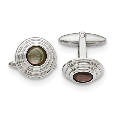 Black Bow Jewelry Men's Black Mother of Pearl Stainless Steel 16mm Round Cuff Links