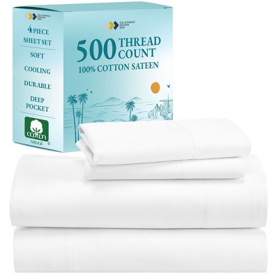 Luxury 500 Thread Count Bed Sheets Set - 100% Cotton Sateen Sheets Set, Soft, Cool & Breathable, Deep Pocket by California Design Den