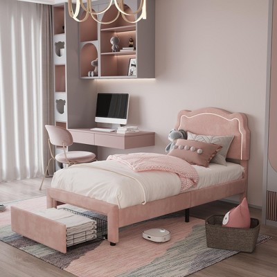Twin Size Upholstered Bed Frame with Drawer Storage, Lights, Velvet Platform Bed with Height-Adjustable Bear Headboard, Noise-Free