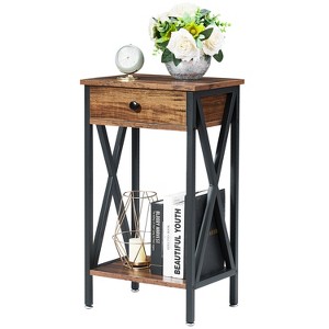 VECELO Tall End Side Table Set of 1/2, Nightstand with Adjustable Shelf and Drawer for Living Room or Bedroom, Small Spaces, Brown - 1 of 4