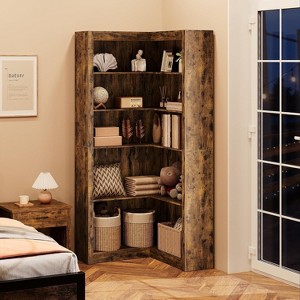 71.8" Black Corner Bookcase, Farmhouse L-Shaped 5-Tier Bookshelf with Storage - 1 of 4