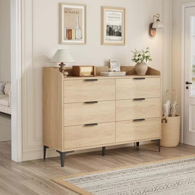 Modern 6-Drawer Dresser with Built-in Power Outlets. 47" Wide Freestanding Wood Storage for Bedroom or Living Room. Sleek & Functional.