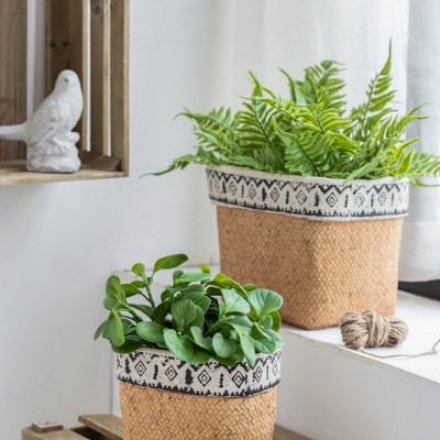 VisioGear 2PCS Rectangular Basket Planters with Geometric Trim, Modern Planter for Patio, Garden, Brown,10.4"*8.7"*7.9"