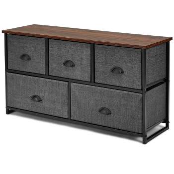Costway Fabric Dresser Storage Unit Side Table w/ 5 Drawers Metal Frame Brown\Black Table Top