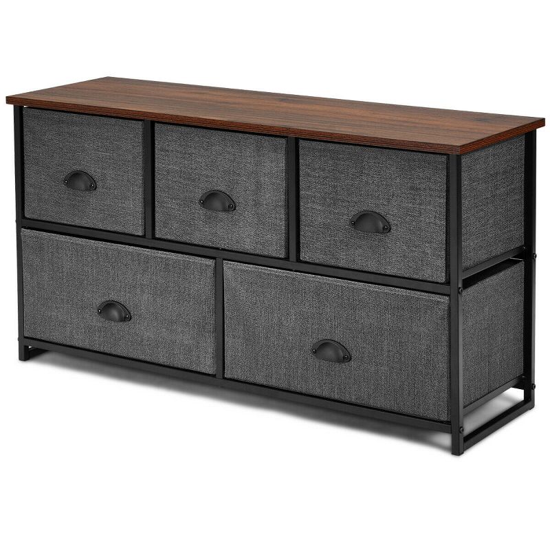Costway Fabric Dresser Storage Unit Side Table w/ 5 Drawers Metal Frame Brown\Black Table Top, 1 of 11