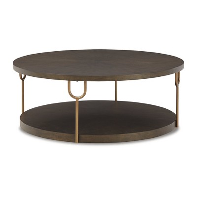 Round Espresso Brown Wood and Gold Metal Coffee Table