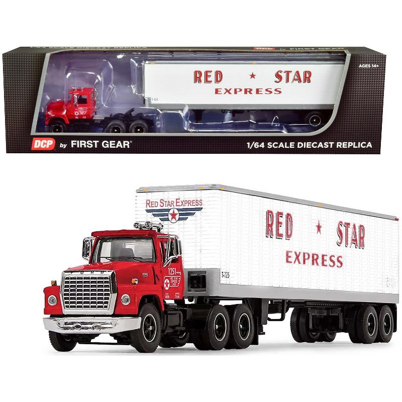 Ford LT-9000 Day Cab with Vintage 40' Dry Goods Tandem-Axle Trailer Red and White 1/64 Diecast Model by DCP/First Gear, 1 of 4