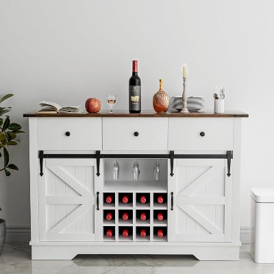 Aoxun 54" Farmhouse Buffet Sideboard with Sliding Barn Doors, 3 Drawers, Wine & Coffee Bar Storage Cabinet, White