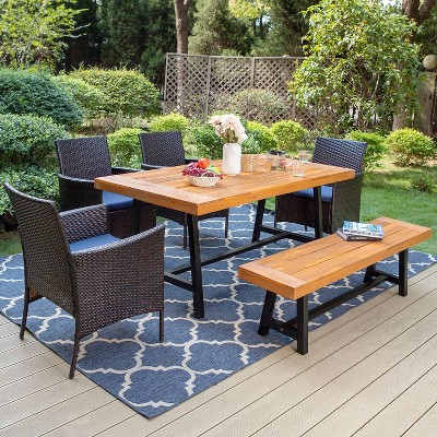 6pc Patio Dining Set With Acacia Table & Bench & 4 Pe Rattan Chairs ...