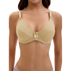 INSPIRE CHIC Women's V Neck Back Hook Adjustable Strap Bow Decor Front Underwire Push-Up Bras Beige 42E - 1 of 4