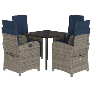 vidaXL 5-Piece Patio Dining Set - Gray Poly Rattan, Navy Cushions, Adjustable Chairs, Glass Tabletop, Outdoor/Backyard/Patio Furniture - 1 of 4