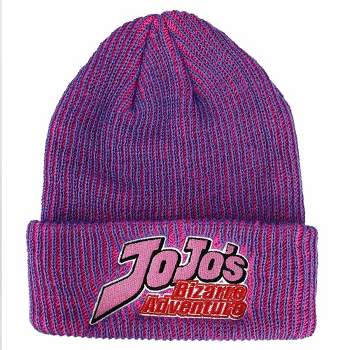 JoJo's Bizarre Logo Flat Embroidery on Pink Purple Two-Tone Ribbed Acrylic Knitted Beanie Hat
