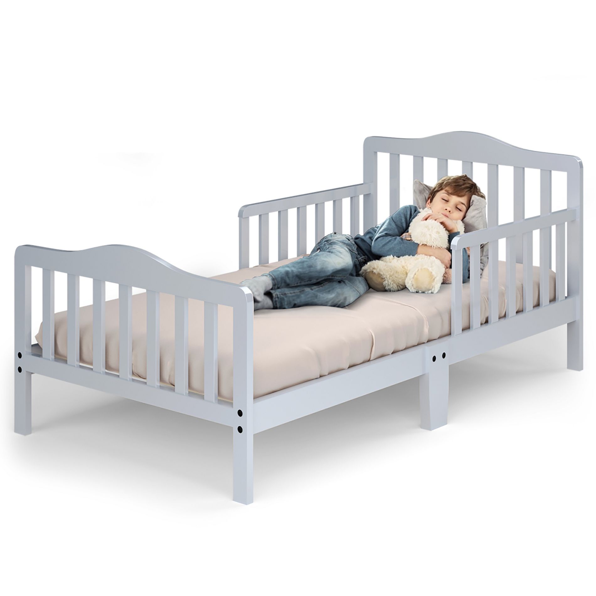 Costway Kids Toddler Wood Bed Bedroom Furniture w/ Guardrails Grey
