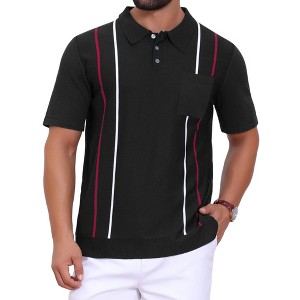 INSPIRE CHIC Men's Striped Knit Chest Pocket Short Sleeve Golf Polo Shirts - 1 of 4