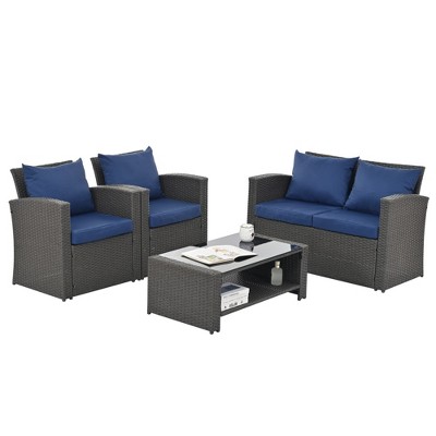Maggift 4PCS Patio Seating Rattan Furniture Set Sectional Sofa Cushioned Garden, Tempered Glass Table, Blue, 45.25"*25.75"*29.75"