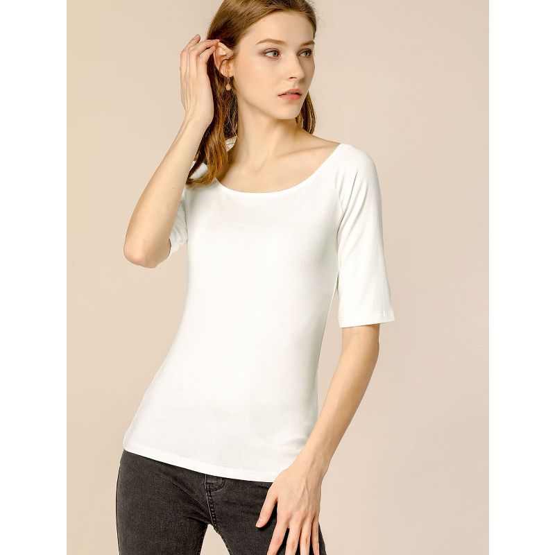 Allegra K Women's Half Sleeves Scoop Neck Fitted Layering Soft T-Shirt, 3 of 8