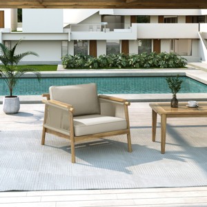 Rope-Woven Outdoor Club Chair with Beige Cushions,Acacia Wood Patio Armchairs for Porch or Backyard Lounge-Cuddlewood - 1 of 4