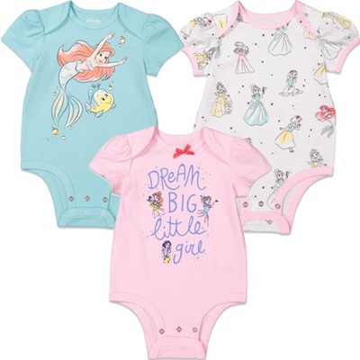 Disney Princess Ariel Cinderella Belle Newborn Baby Girls 3 Pack Short Sleeve Bodysuits 3-6 Months