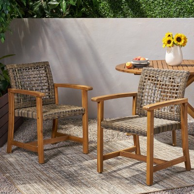 Coolbibila Modern Wicker Wooden Outdoor Poolside Lounge Chair Set of 2,Patio PE Rattan Woven Back Kitchen Dining Chair,Acacia Wood Garden Chair