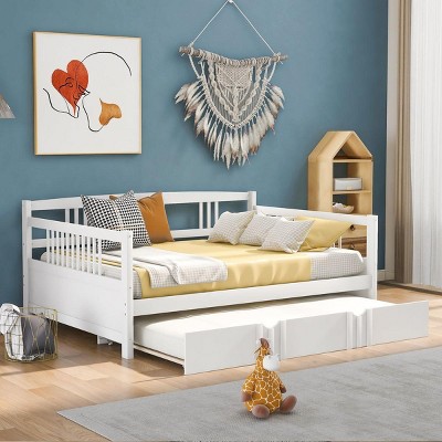 Streamdale Full Size Daybed Wood Bed with Twin Size Trundle, White