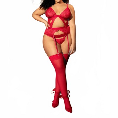 Women's Textured Hearts Top, Garter And Panty Set Plus - Mapale