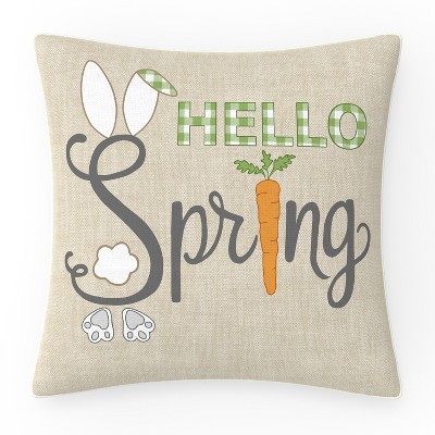 18"x18" Hello Spring Square Throw Pillow Off-White - Pillow Perfect: Reversible, Bunny & Carrot Design